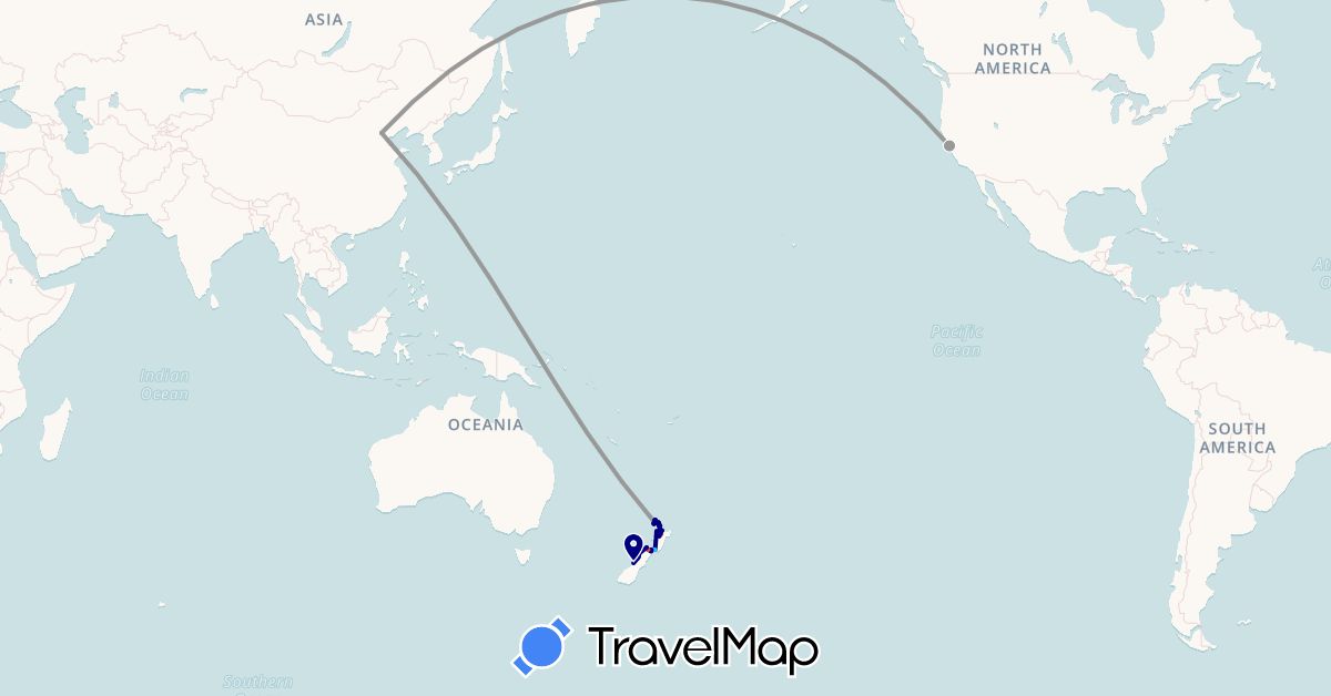 TravelMap itinerary: driving, bus, plane, hiking, boat in China, New Zealand, United States (Asia, North America, Oceania)